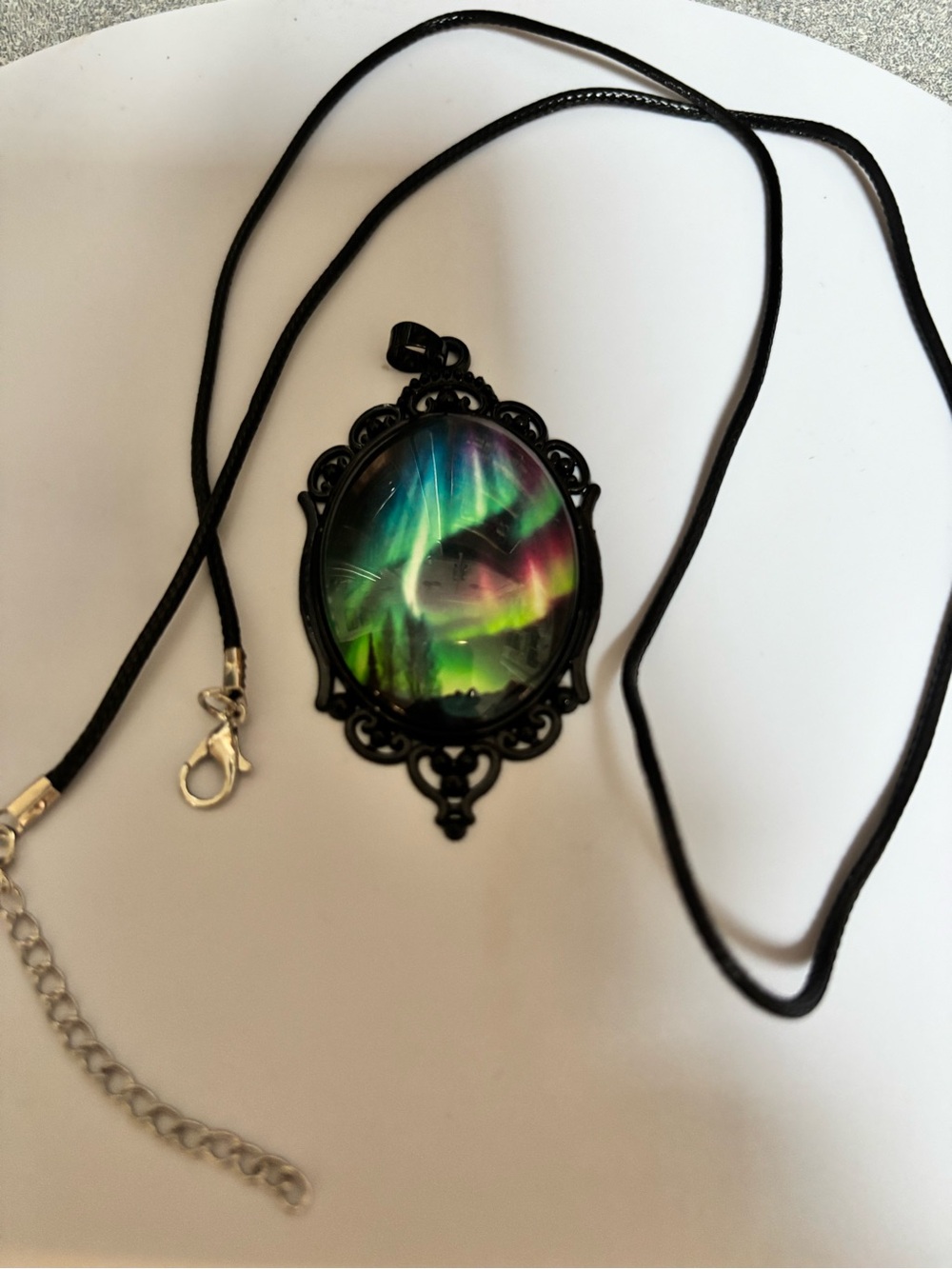 Aurora Glass Pendant Necklace - Multicolored -Black Cord  22” w/ 2” Silver clasp